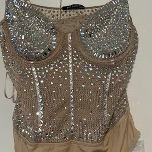 Beige/Nude Crystal Bodysuit Top
